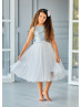 Blue Sequin Ivory Tulle V Back Flower Girl Dress